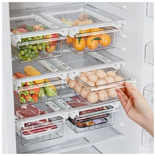 SNSLXH 2 Pack Refrigerator Drawer Organizer, Pull Out Shelf Storage Transparent Organizer for Egg, Fruit, Vegetable, Seafood, Meat, Fit All Fridge Shelves Under 0.6'' - Image 1