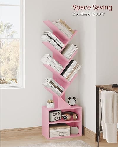 SUNMORY 6 Tier Tree Bookshelf, Tall Bookcase with Storage Cabinet, Modern Narrow Bookshelves Organizer, Floor Standing Book Shelf for Bedroom/Living Room/Home Office/Corner, Pink thumbnail 3
