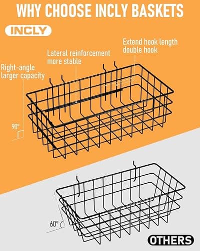 INCLY 4 Pack Pegboard Baskets Bins Set, 4 Size Square Style Black Metal Wire Basket for Any Peg Board Organizing Tools, Pegboard Accessories for Workbench Garage Wall Storage Attachments thumbnail 3