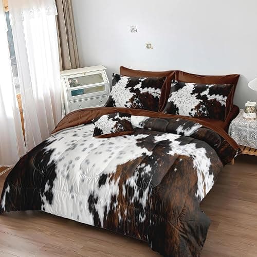 MUGINYU Brown Cowhide Comforter Set Queen, 8 Pieces Bed in a Bag Black White Cow Skin Print Western Farmhouse Animal Fur Bedding Set thumbnail 3