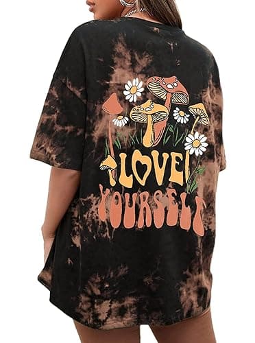 CSDAJIO Women's Trendy Oversized T Shirt Graphic Tee Crewneck Short Sleeve Loose Cute Going Out Summer Tops - Large - Back Mushr Tiedyebrwon - Image 1