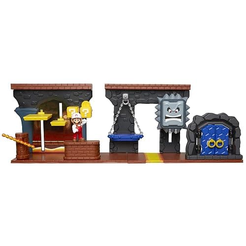 Nintendo Super Mario Dungeon Deluxe Play Set, Includes: 2.5” Fire Mario Figure & 7 Interactive Environmentpiece Moving Platforms & Thwomp, Spinning Fire Balls, Hidden Coin, Swing, & Door - Image 1