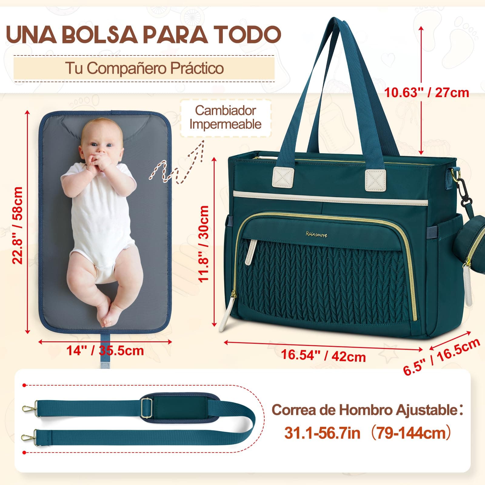 RAINSMORE pañaleras para bebe, Gran Capacidad e Impermeable Bolso Tote para Pañales con Bolso para Chupón y Cambiador Bolso Multifuncional para Viaje, Paseo y Mamá thumbnail 2