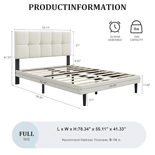 IOILORI Full Size Bed Frame, Full Size Platform Bed Frame with Headboard, Upholstered Headboard, Sturdy Wooden Slats, Noiseless No Box Spring Required, Easy to Assemble, Beige thumbnail 2