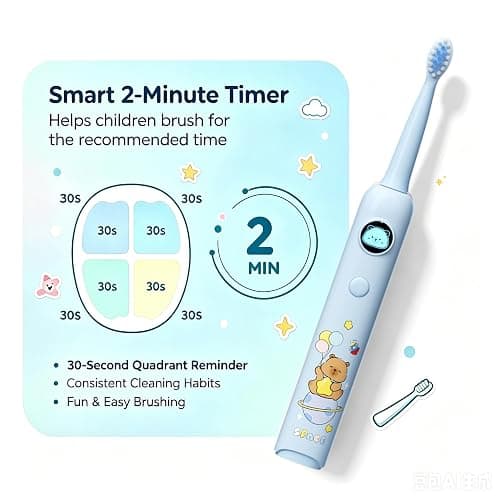 Huedbeads Kids Electric Toothbrush, Sonic Rechargeable Toothbrush with 6 Replacement Heads, Soft Bristle, IPX7 Waterproof, LED Display, Oral Care for Toddlers & Children Aged 2+ Years(Blue) thumbnail 5