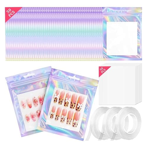 ESUOHYM 50 Pcs Nail Packaging Bags for Press On with 3 Double Side Tape | Holographic Press On Packaging Fits All Sizes, Nail Storage with Nail Cardboards, Nail Art Business Supplies Kit Salon Home - Image 1