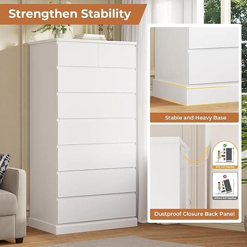 DICTAC White Tall Dresser for Bedroom with 8 Drawers, 59.6" Tall Dressers & Chests of Drawers, Modern Wood Closet Organizer and Storage Cabinet, Large Vertical Dresser for Bedroom, Closet, Hallway thumbnail 5