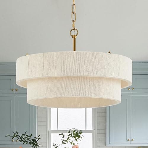 ELYCCUPA 20”Hand Woven Rattan Chandelier Boho Pendant Light Adjustable Coastal Pendant Light for Kitchen Island Dining Living Room, White, UL Listed - Image 1