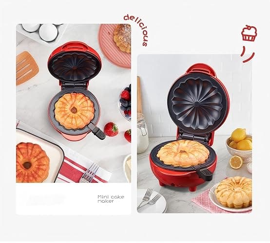 Cake Maker Lava Cake Maker Mini Donut Maker Waffle Maker Pancakes Maker Machine for Breakfast, Snacks, Desserts Non-stick Surface, Cake Machine, Double-sided Heating, Pink thumbnail 4