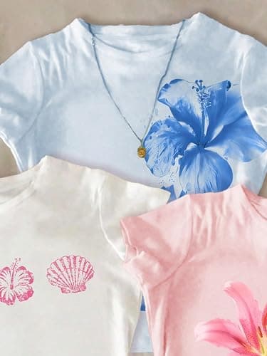 RoseSeek Girl's 3 Packs Graphic Tees Vacation Hibiscus Top Crewneck Short Sleeve Cute Summer T Shirt thumbnail 5