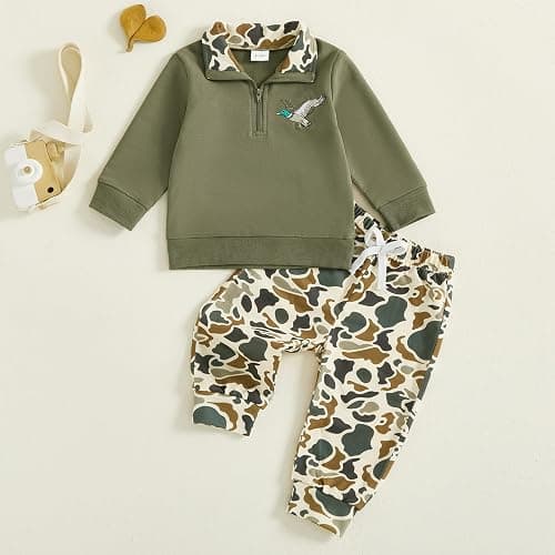 VISGOGO Toddler Baby Boy Hunting Outfit Duck Half Zip Long Sleeve Sweatshirt Pants Set 2 Fall Camouflage Clothes thumbnail 3