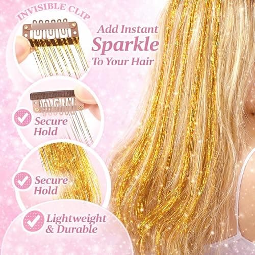 Hair Tinsel Kit Clip in for Kids 12 Pcs Fairy Glitter Tinsel Hair Extension | 22 Inch Gold/Rainbow Hair Tinsel Heat Resistant Hair Accessories for Women Girls Festival Birthday Party Festival thumbnail 2