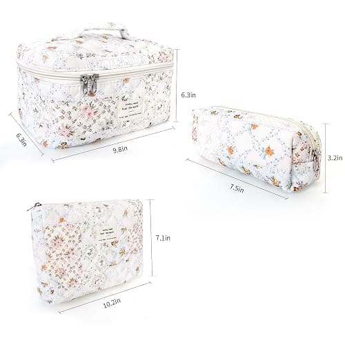 GISMTR 3Pcs Cotton Quilted Makeup Bag Large Travel Cosmetic Bag Coquette Makeup Pouch Cute Aesthetic Floral Toiletry Bag for Women Girls (flower-U) - flower-U thumbnail 6