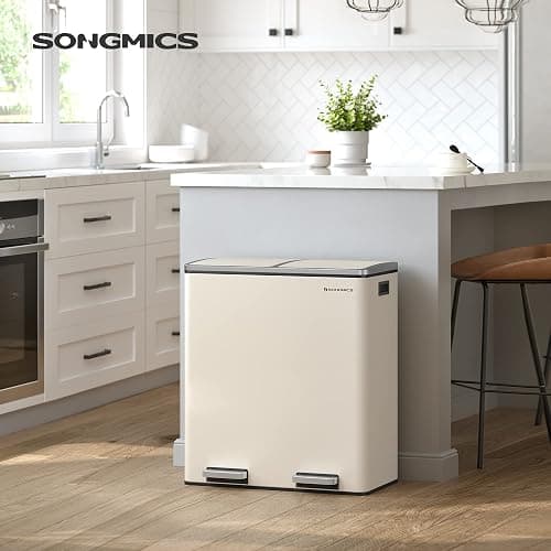 SONGMICS Trash Can, 2 x 8 Gallon (2 x 30 L) Garbage Can for Kitchen, with 15 Trash Bags, 2 Compartments, Plastic Inner Buckets and Hinged Lids, Airtight, Almond Color ULTB201A01 - Almond Color - 2 x 8 Gallon thumbnail 2