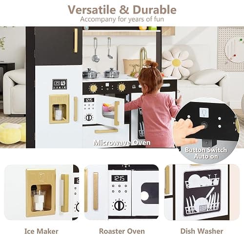 Kinder King Wooden Kids Play Kitchen, Toy Kitchen Playset for Toddler, Play Kitchen Set w/Blackboard, Transparent Coloring Board, Pretend Dishwasher, Oven, Ice Maker, Gift for Boys Girls Age 3+, Black thumbnail 7