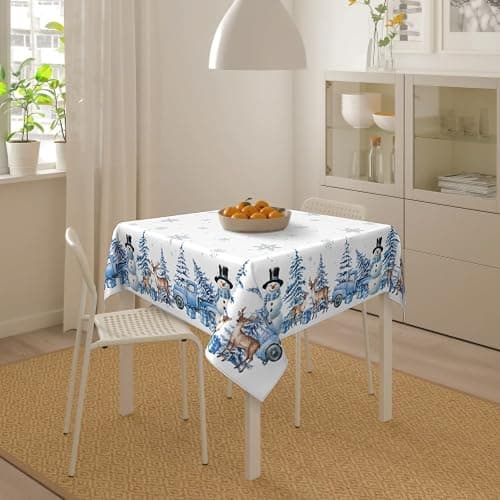 Sphragiyn Winter Tablecloth Square 54×54 Inch Blue Snowman Trees Holiday Xmas Table Cloth Water Resistant Fabric Table Covers for Kitchen Dining Party Home Decor thumbnail 5