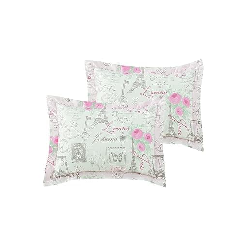 City of Romance 5-Piece Comforter Set, Super Soft, Paris decor for bedroom, Eiffel Towers, Watercolor Floral Bouquets, Butterflies, Reversible Bedding, French Country Pattern, Pink/White, Queen thumbnail 5