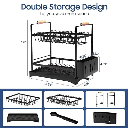 PXYHMUS 2-Tier Large Dish Drying Rack for Kitchen Counter with Drainboard and Cutlery Holder, 2 Tier Dish Drying Rack, Black,16.54" D x 11.81" W x 17.71" H thumbnail 2