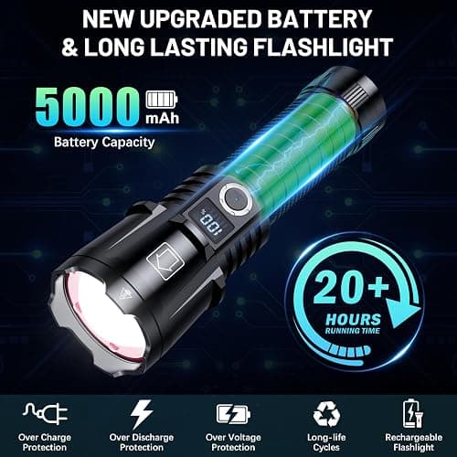 baibian Rechargeable Flashlights 4000.000 High Lumens, Super Bright Flashlight High Powered Tactical Flashlight, 6 Modes with LCD Power Display, Zoomable, Waterproof Handheld Flash Light for Emergency thumbnail 5
