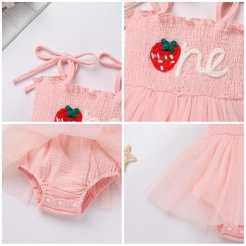 IBTOM CASTLE Baby Girl 1st Birthday Outfit Floral Strawberry Smocked Tutu Dress One Year Old Birthday Cake Smash Photoshoot thumbnail 6