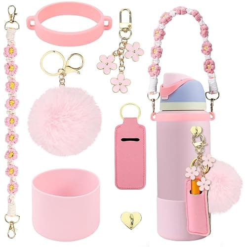 Compatible for Owala Accessories Bundle: Silicone Boot for 24oz & 32oz Bottles, Charms, Handle, Strap, Rubber Bottoms, and Decorative Add-ons for Your Compatible for Owala Water Bottle, Pink - Image 1