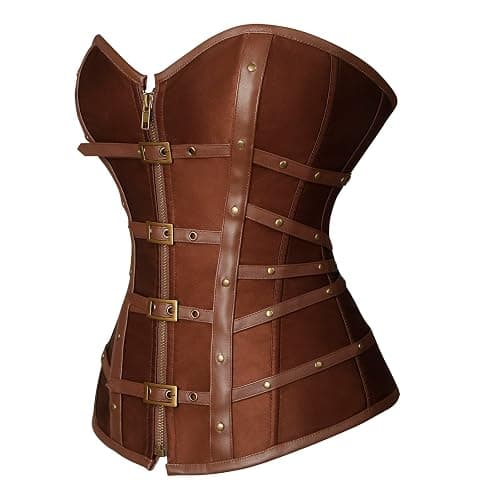 Charmian Women's Gothic Punk Satin Boned Zipper Overbust Corset Top with Buckles thumbnail 2