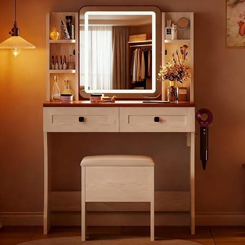 IRONCK Makeup Vanity with LED Lights & Power Outlet, Small Vanity Desk with Adjustable Mirror, 2 Large Drawers and 4 Open Shelves, Farmhouse Vanity with Storage Stool for Bedroom, White thumbnail 9