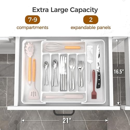 ukeetap Extra Large Expandable Silverware Organizer, BPA-Free Food-Safe Cutlery Flatware Organizer, Kitchen Utensil Drawer Organizer, Adjustable Silverware Holder for Spoons Forks Knives, White thumbnail 2
