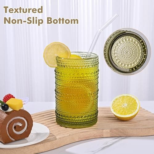 ZMOWIPDL Vintage Hobnail Drinking Glasses Set of 8,Green 12 oz & 15oz Highball Glass Cups, Kitchen Drinkware Glassware,Embossed Water Tumbler,for Beer,Cocktail,Whiskey,Juice and Various Mixed Drinks thumbnail 6