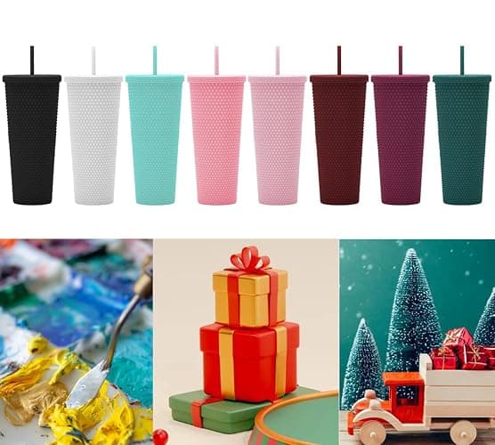 Essasea 24oz Fully Studded Tumbler.Matte Black Studded Tumbler with Lid and Straw.Reusable Double Walled Insulated Travel Tumbler.Plastic Acrylic Pastel Colored Tumbler Cup for Iced Coffee Smoothie. thumbnail 6