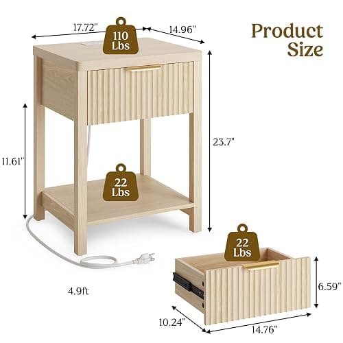 Lulive Fluted Night Stand with Drawers, Fluted Nightstand with Charging Station, Wood Modern Bedside End Table with Storage Drawer for Bedroom, Save Space (Set of 1, Natural Oak) thumbnail 3