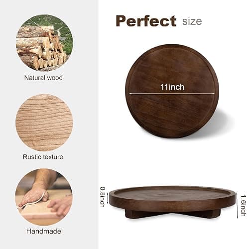 Round Decorative Tray Wood Bathroom Counter Organizer Farmhouse Kitchen Decor Wooden Riser for Soap Dish, Perfume, Candle, Sponge, 11" - Walnut thumbnail 3