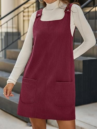 Yousify Womens Corduroy Overall Dress Square Neck A Line Jumper Mini Dresses Casual Sleeveless Rompers with Pockets thumbnail 4