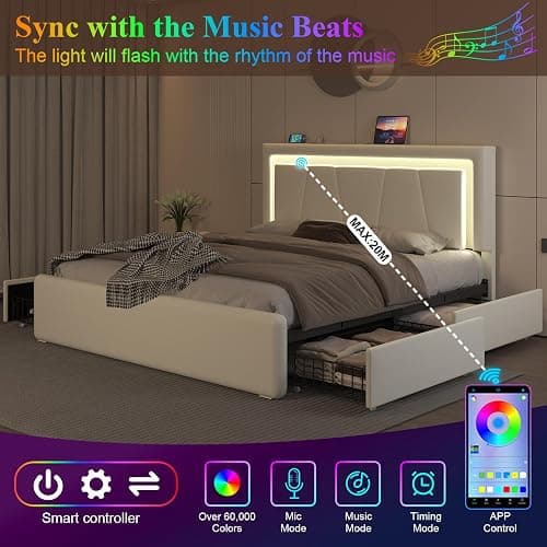 Queen Size Bed Frame with 4 Storage Drawers and LED Lights, Upholstered Platform Bed with Adjustable Headboard and Charging Station, Metal Slats Support, No Box Spring Needed,Easy Assembly, White thumbnail 3