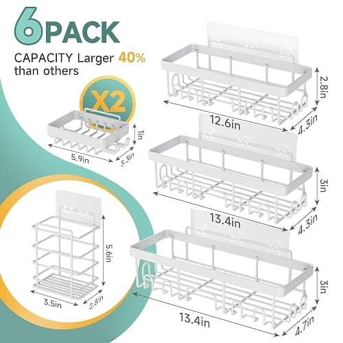 Veken 6-Pack Rustproof and Waterproof Shower Caddy,Adhesive Shelves Rack with Soap Holder, Large Capacity Bathroom Organizers and Storage, No Drilling Wall-Mounted Kitchen & Home Decor, Bath Decor - D. White - 6-Piece Set thumbnail 5