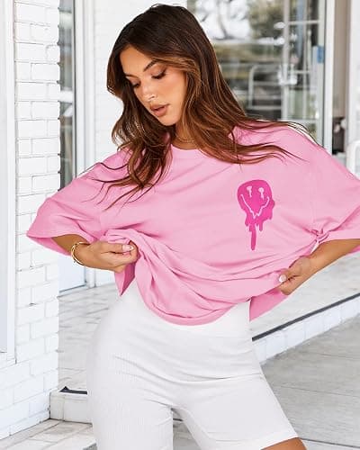 Womens Oversized Tshirt Graphic Tees Crew Neck Summer Short Sleeve Loose Fit Tops - X-Large - A-letter Print Pink thumbnail 5
