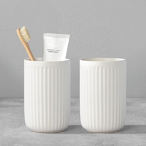 White Toothbrush Holders for Bathrooms - 2 Cups Ceramic Toothbrush Toothpaste Holders Set, White Bathroom Tumbler Cups Reusable Toothbrush Mouthwash Cup, Bathroom Counter Organizer. - Warm White - 2pcs - Image 1