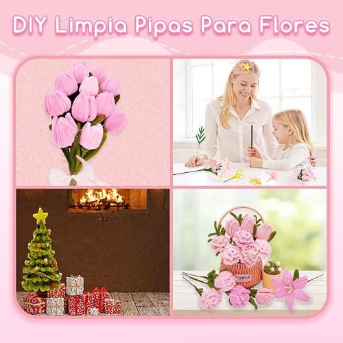 601PCS Complete Pink Pipe Cleaners Flower Kit–Pastel Pipe Cleaners for Flowers, DIY Craft Supplies for Projects, 6 Colors, with Floral Wires, Tape, Glue Sticks, Ribbon, Stamen, Manual & Video Tutorial thumbnail 5