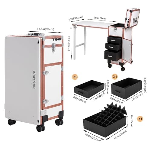 Rolling Portable Manicure Table with 3 Drawers, Lockable Makeup Train Case with Mirror & Nail Polish Organizer, Foldable Nail Desk with Wheels & Handle for Mobile Nail Techs & Salon Use,White thumbnail 2