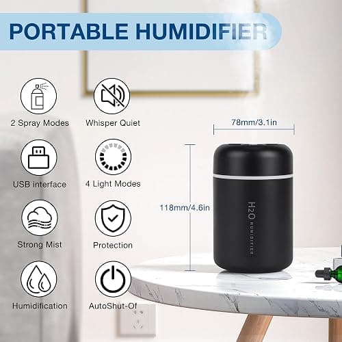 Portable Mini Humidifier, 300ml USB Cool Mist Small Humidifier with Colorful Lights. Perfect for Bedroom, Office, Plants, travel & Car (Black) thumbnail 2