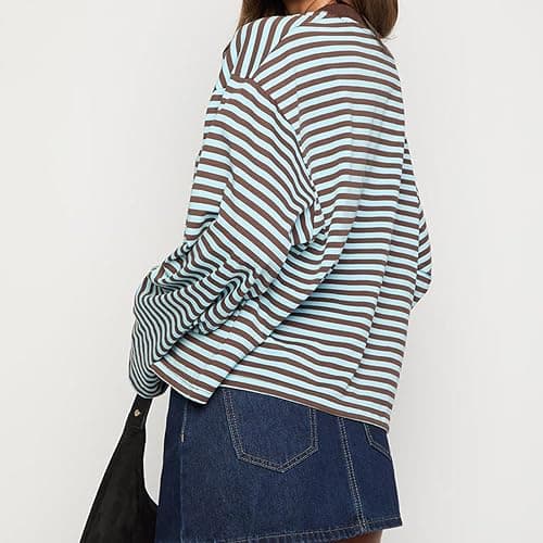 Foidiccx Striped Long Sleeve Shirt Women Y2k Oversized Crewneck Vintage Tops Fall Winter Drop Shoulder Cute Preppy Pullover thumbnail 7