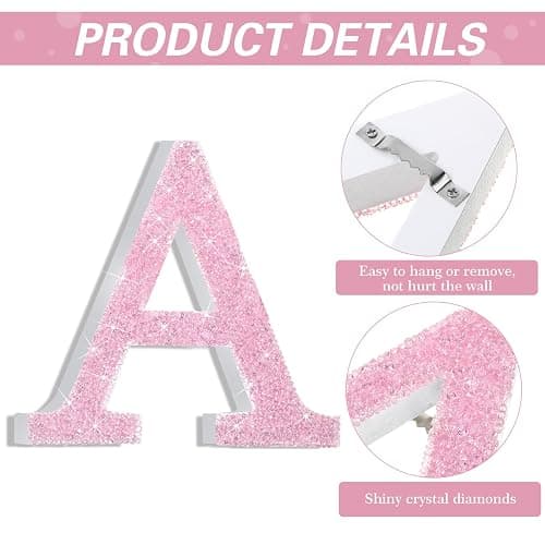 Qunclay Pink Crystal Diamond Bling Letters Crushed Diamond Decoration Wooden Glitter Letters with Screw and Hooks Rhinestone Gift for Christmas Y2k Mcbling Bedroom Wall Decor (5.7"l X 5.7"w,Letter A) thumbnail 4