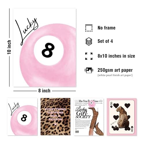 DSHFG Trendy Leopard Cheetah Wall Art Funky Pink Lucky 8 Ball Posters Set of 4, Pink Preppy Room Aesthetic Retro Cheetah Print Room Decor for Teen Girls College Dorm Apartment Bedroom 8x10 Unframed - Funky Leopard thumbnail 2