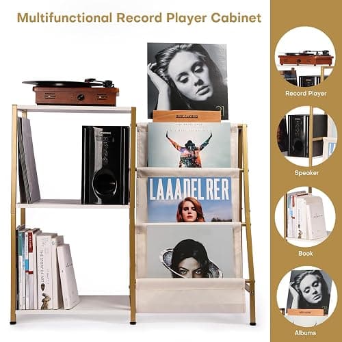 HYCFYJR Stand for Record Player, 3 Tier Vinyl Record Storage with Now Playing Holder, Turntable Stand, Vinyl Display with Speaker Storage for Living Room, Gold White thumbnail 3