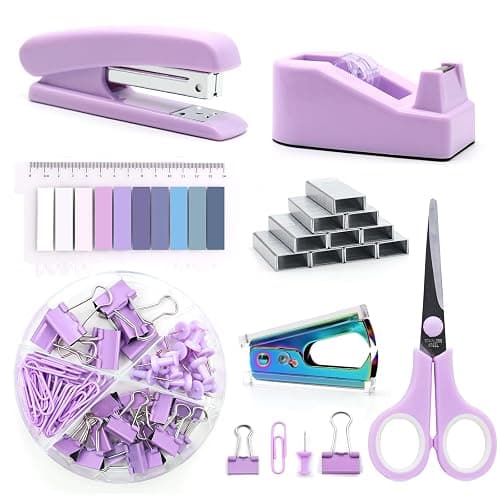 Purple Office Supplies Set, UPIHO Stapler and Tape Dispenser Set, Office Desk Accessories Kit with Stapler, Tape, Remover, Staples, Clips, Scissor and Tabs for Women, Clerks… - Image 1