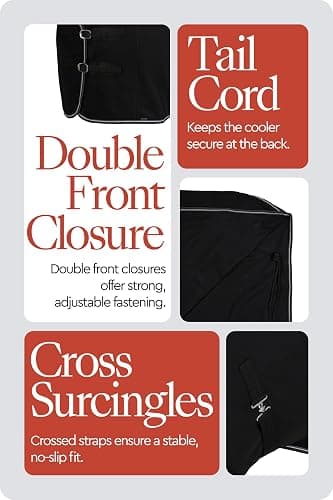 HORZE Kiel Fleece Horse Cooler Blanket | Quick-Dry Fleece Horse Cooler Sheet with X-Surcingles & Tail Cord - Black - 81 in thumbnail 6
