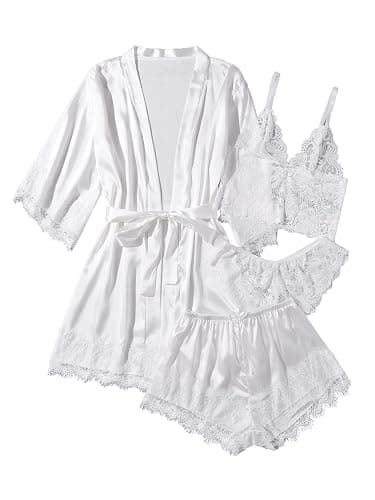 WDIRARA Women' Silk Satin Pajamas Set 4pcs Lingerie Floral Lace Cami Sleepwear with Robe - Image 1