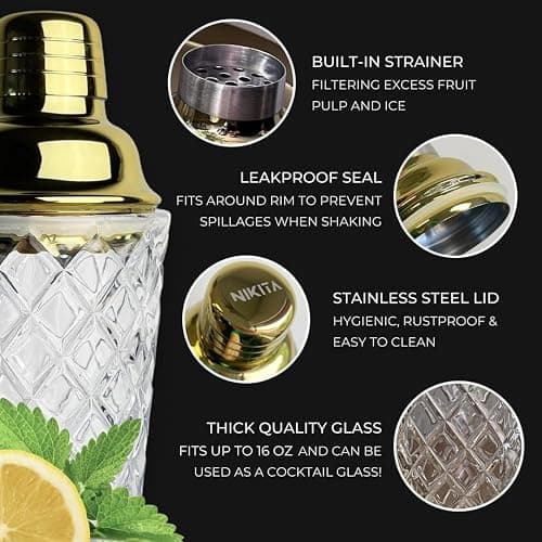 Gold Cocktail Shaker Set - 5 Piece Martini Shaker Set with Strainer, Jigger, Spoon & Muddler - 16oz Glass Cocktail Shaker Set - Ideal Gift for Home Bar & Drink Trolley Décor thumbnail 4