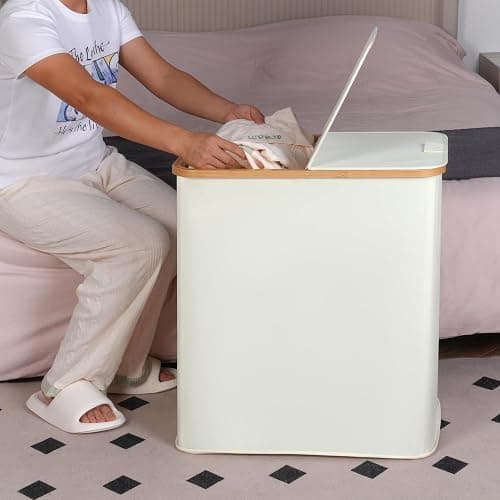 efluky Laundry Hamper with Lid, Double Laundry Hamper with 2 Removable Bags, 2 Section Laundry Basket with Bamboo Handles for Bathroom, Bedroom & Laundry Room, 140L (36.9 Gallon) Beige thumbnail 8