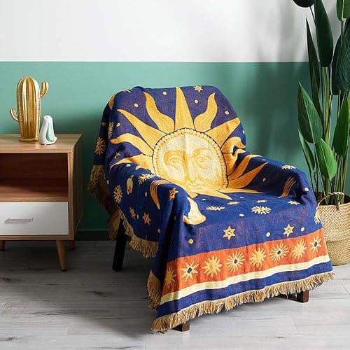 Erke Moon and Sun Throw Blanket Celestial Chair Recliner Cover Bed Spread Hippie Room Decor, Double Sided Cotton Woven Sofa Couch Furniture Aesthetic Witchy Throws - 50" X 70", Yellow/Blue thumbnail 4
